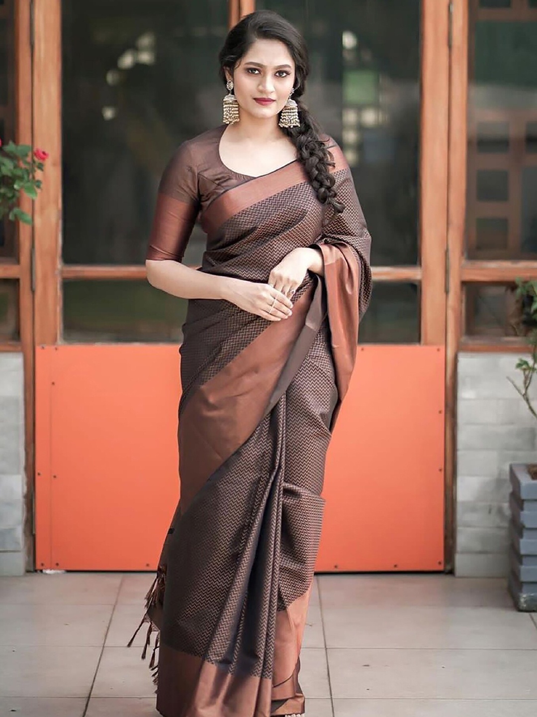 

BerMondsey Geometric Woven Design Zari Banarasi Designer Saree, Brown