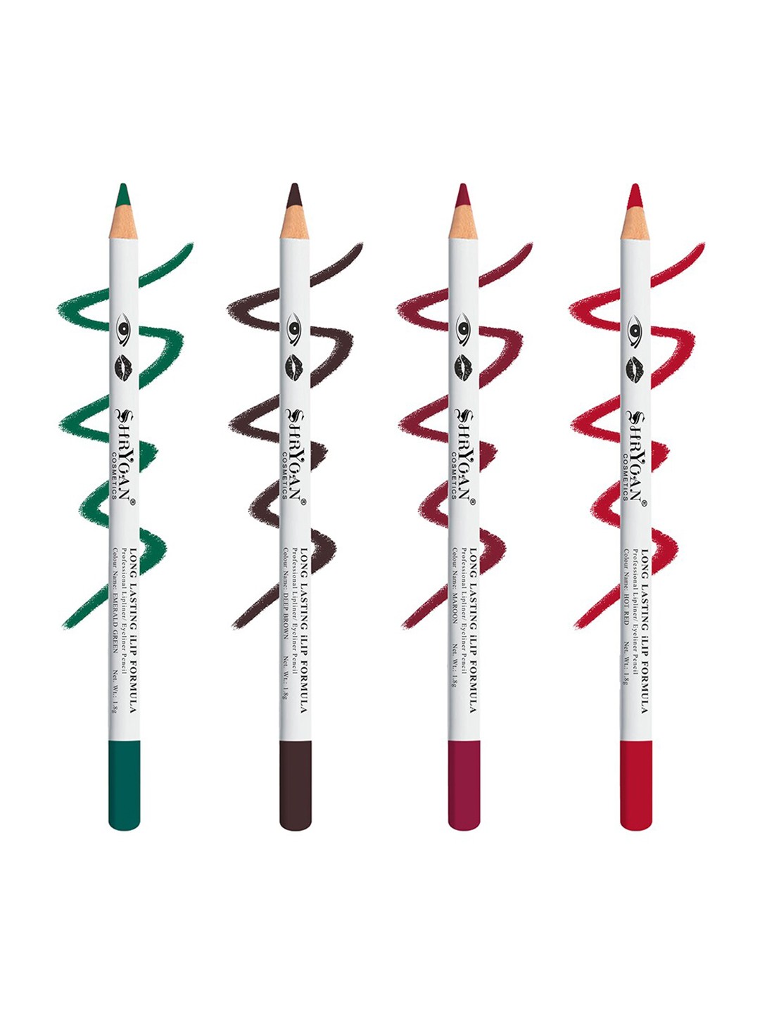 

SHRYOAN Set Of 4 Long Lasting iLip Formula Lipliner & Eyeliner Pencil - Shades 3+4+9+18, Green