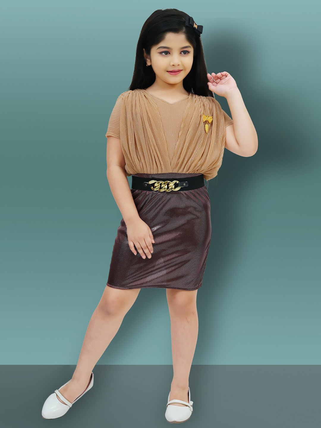 

BAESD Girls Embellished V-Neck Extended Sleeves Fit & Flared Blouson Dress, Brown