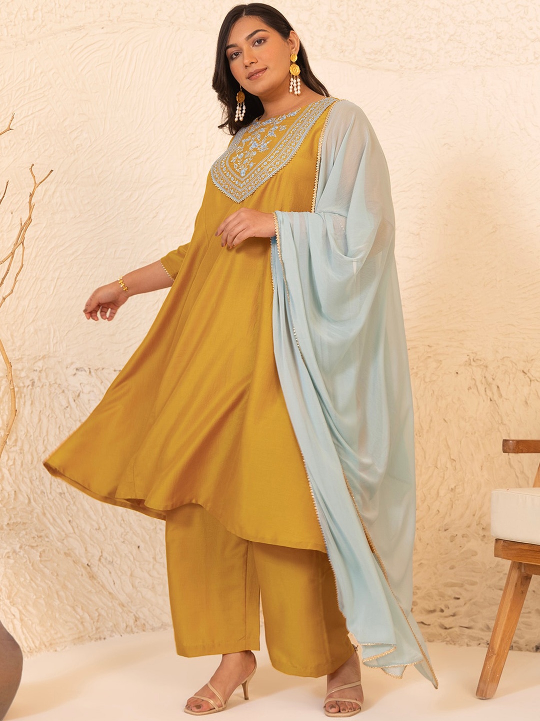 

Janasya Plus Size Chinnon Yoke Embroidery Panelled Kurta Set, Mustard