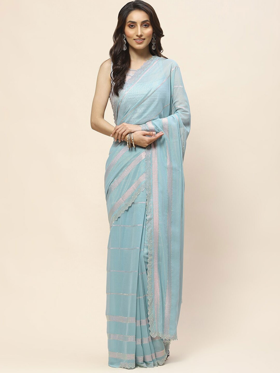 

Meena Bazaar Embellished Beads and Stones Saree, Blue