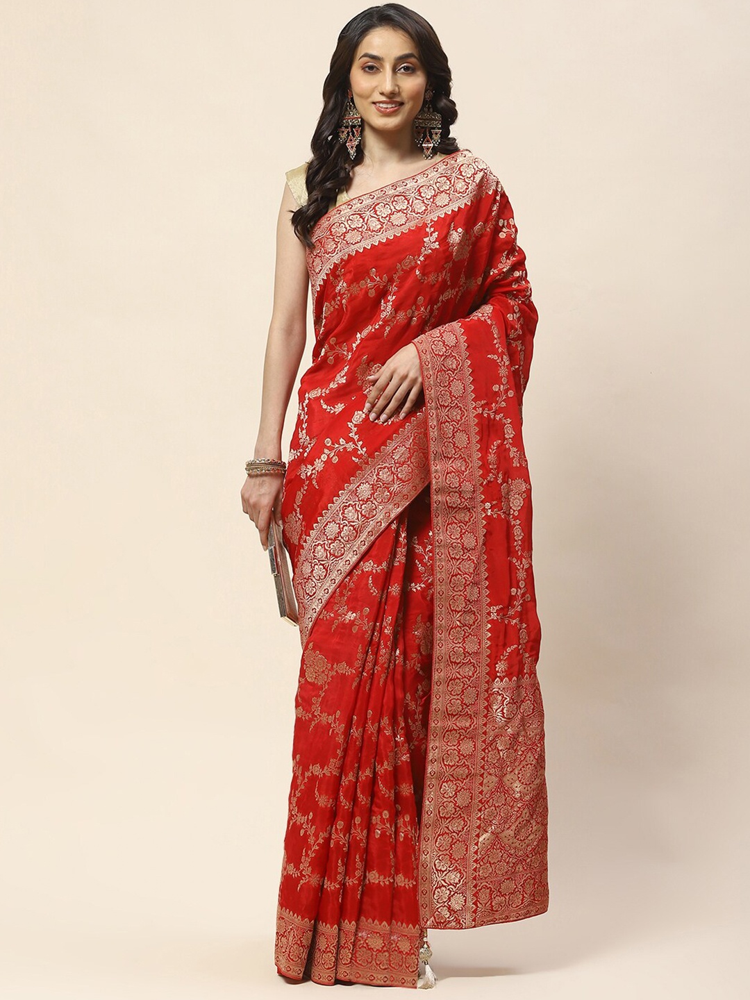 

Meena Bazaar Ethnic Motifs Woven Design Zari Organza Saree, Red