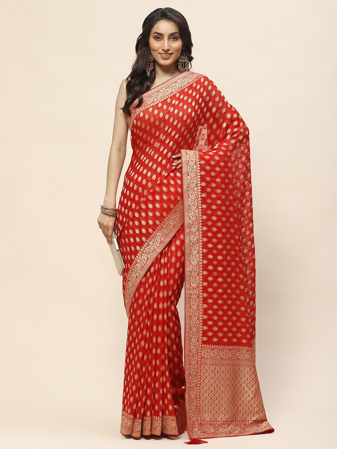 

Meena Bazaar Ethnic Motifs Woven Design Zari Saree, Red