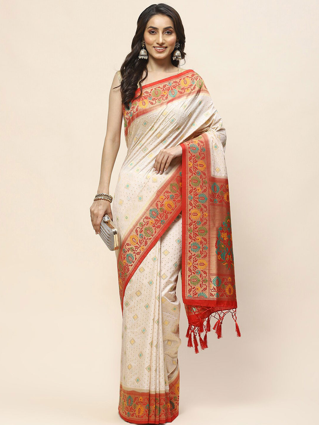 

Meena Bazaar Woven Design Zari Art Silk Saree, Beige