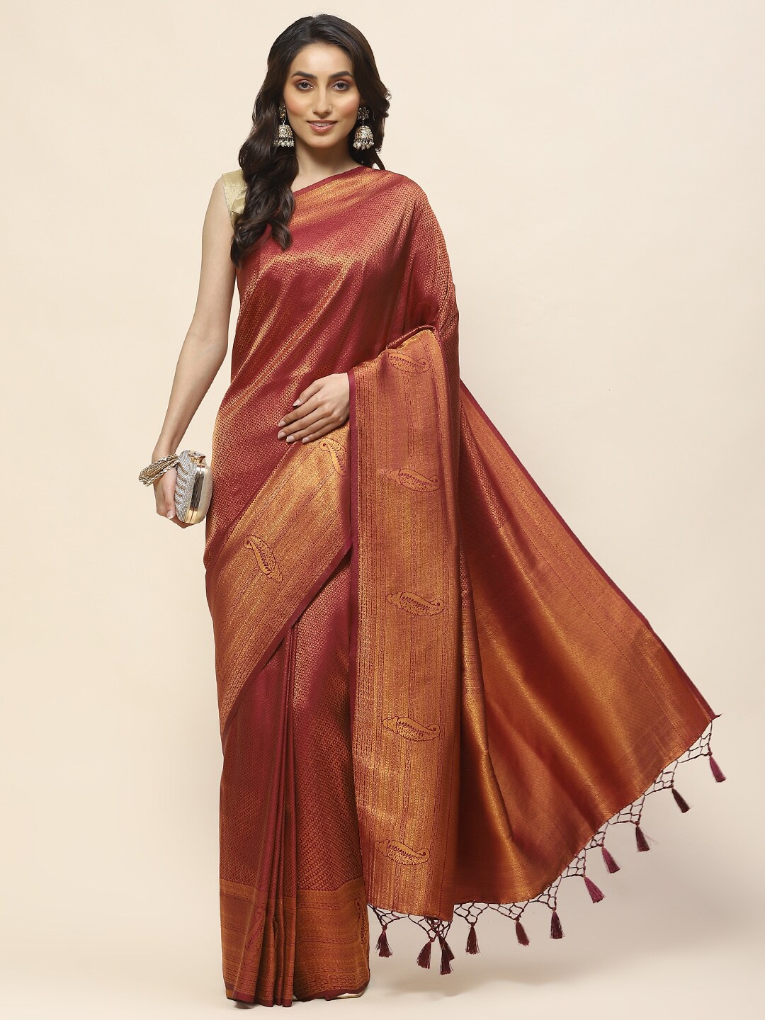 

Meena Bazaar Woven Design Zari Saree, Burgundy