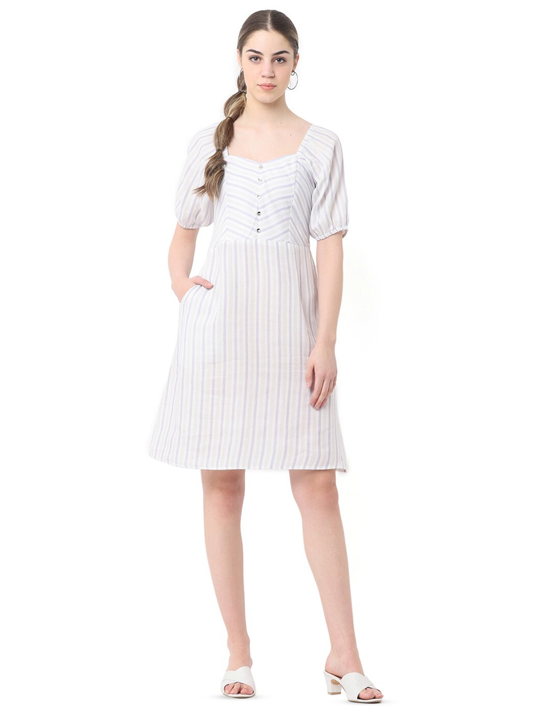 

GLORY & I Striped Sweetheart Neck Cotton Fit & Flare Dress with Pocket, White