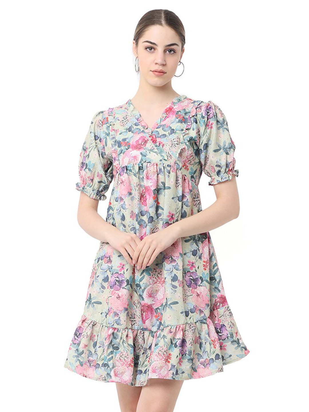 

GLORY & I Floral Printed V-Neck Flared Cotton A-Line Dress with Pocket, Lime green