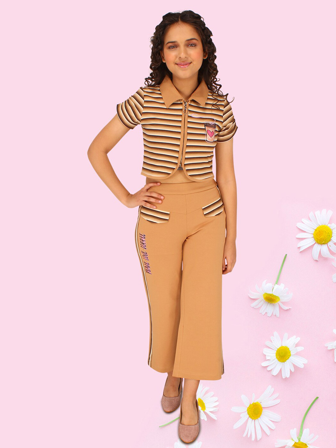 

CUTECUMBER Girls Striped Top with Trousers, Brown