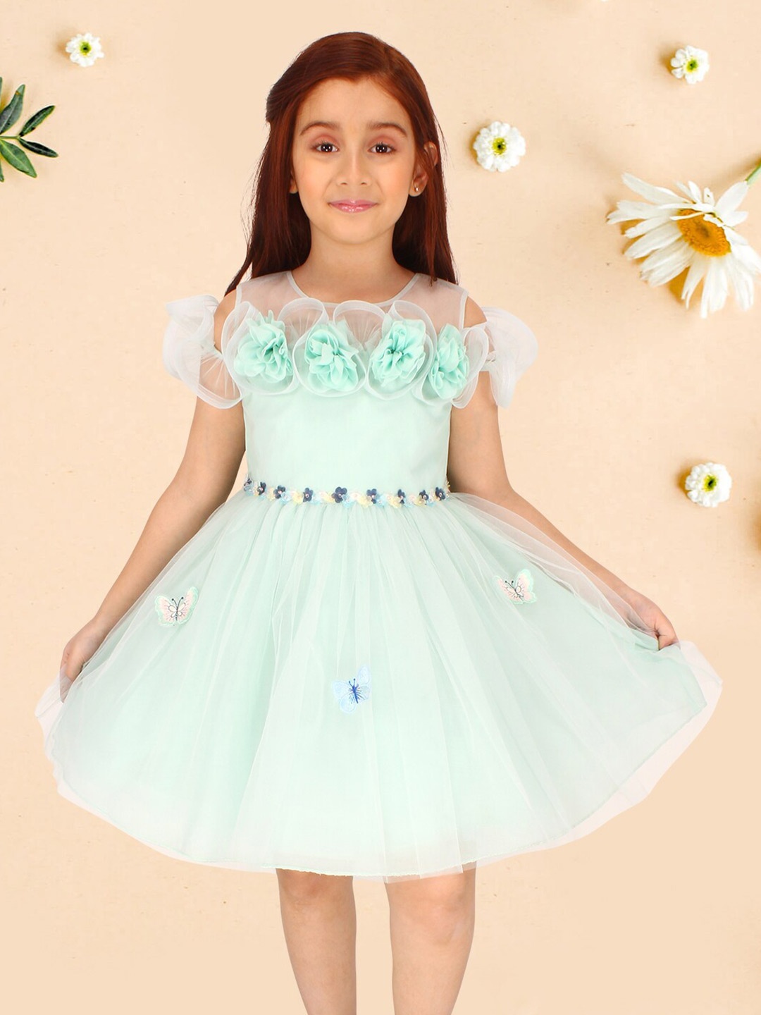 

CUTECUMBER Girls Floral Applique Above Knee Flared Fit & Flare Dress, Green