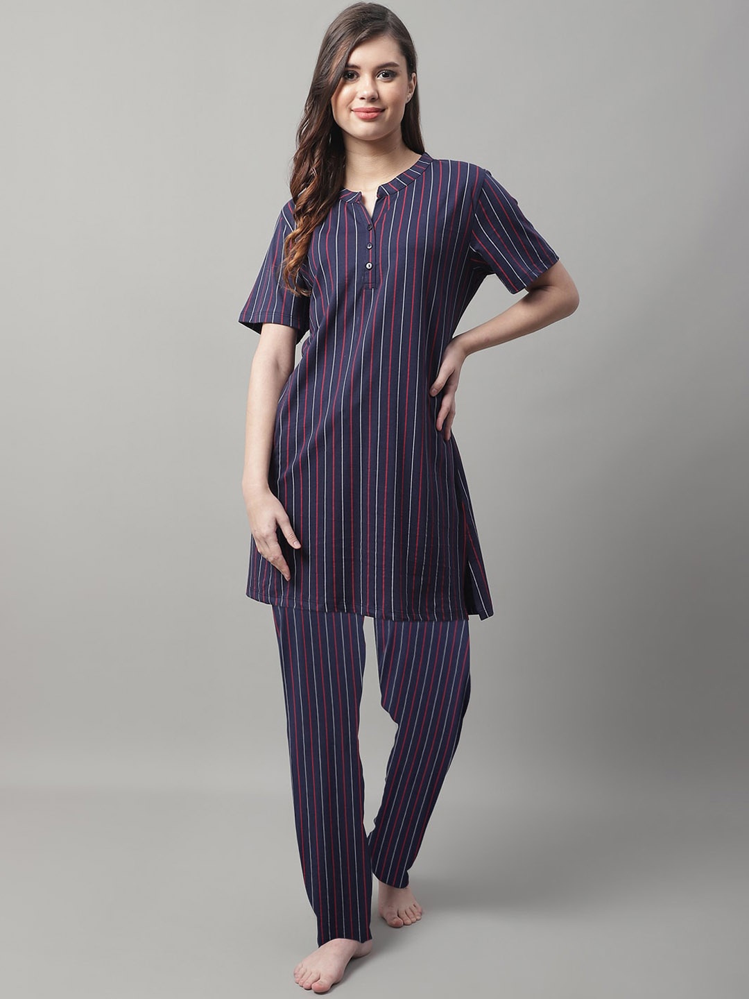 

Kanvin Striped Mandarin Collar Pure Cotton Top & Pyjama, Navy blue