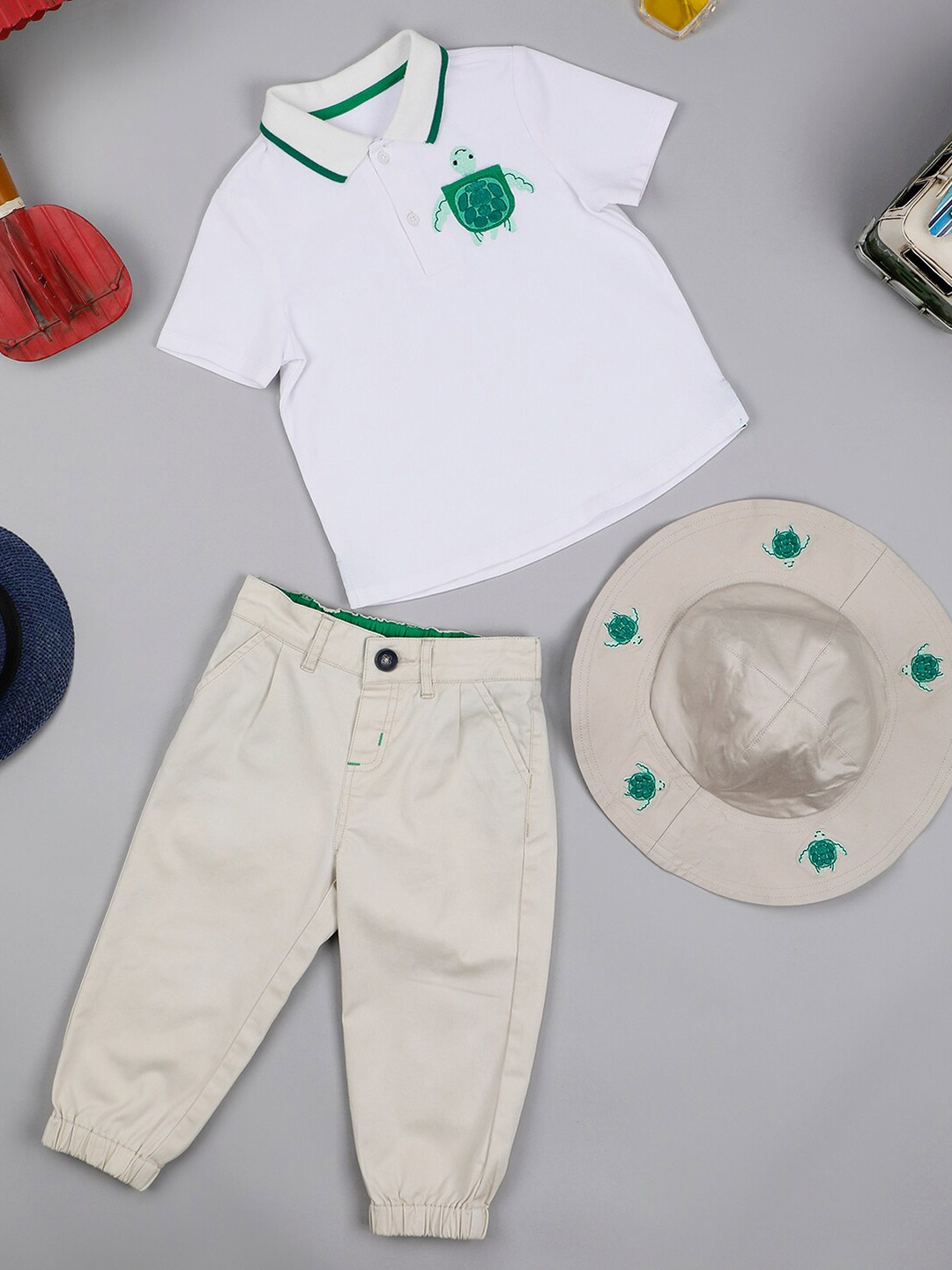 

One Friday Boys Polo Collar T-shirt with Trousers & Hat, White