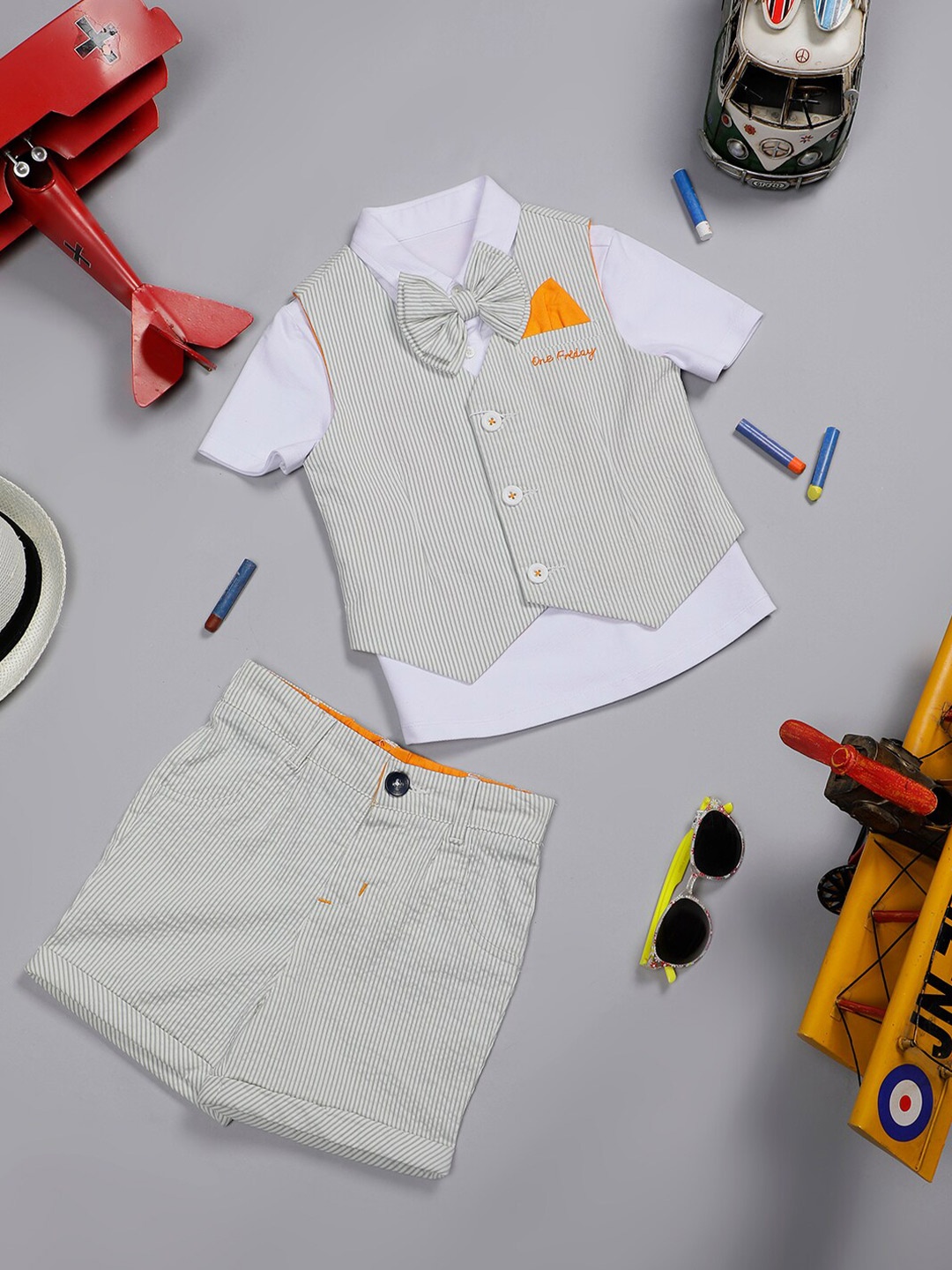 

One Friday Boys Pure Cotton Shirt with Shorts and Waistcoat & Bow, Green