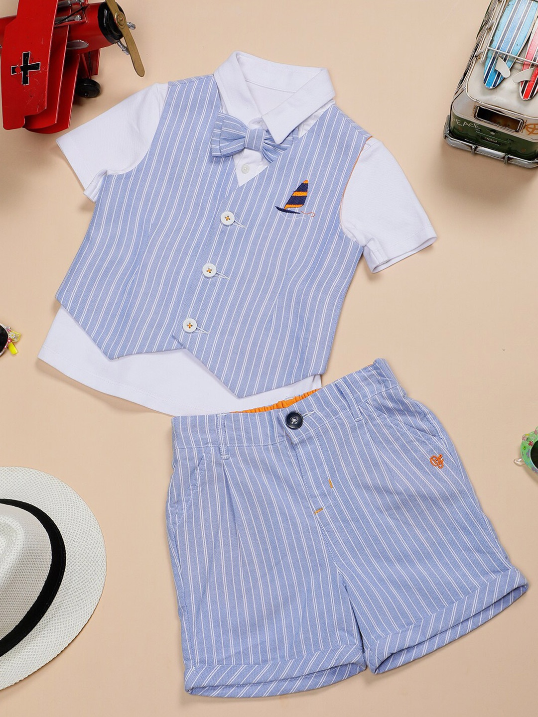 

One Friday Boys Striped Pure Cotton Shirt with Shorts & Waistcoat, White