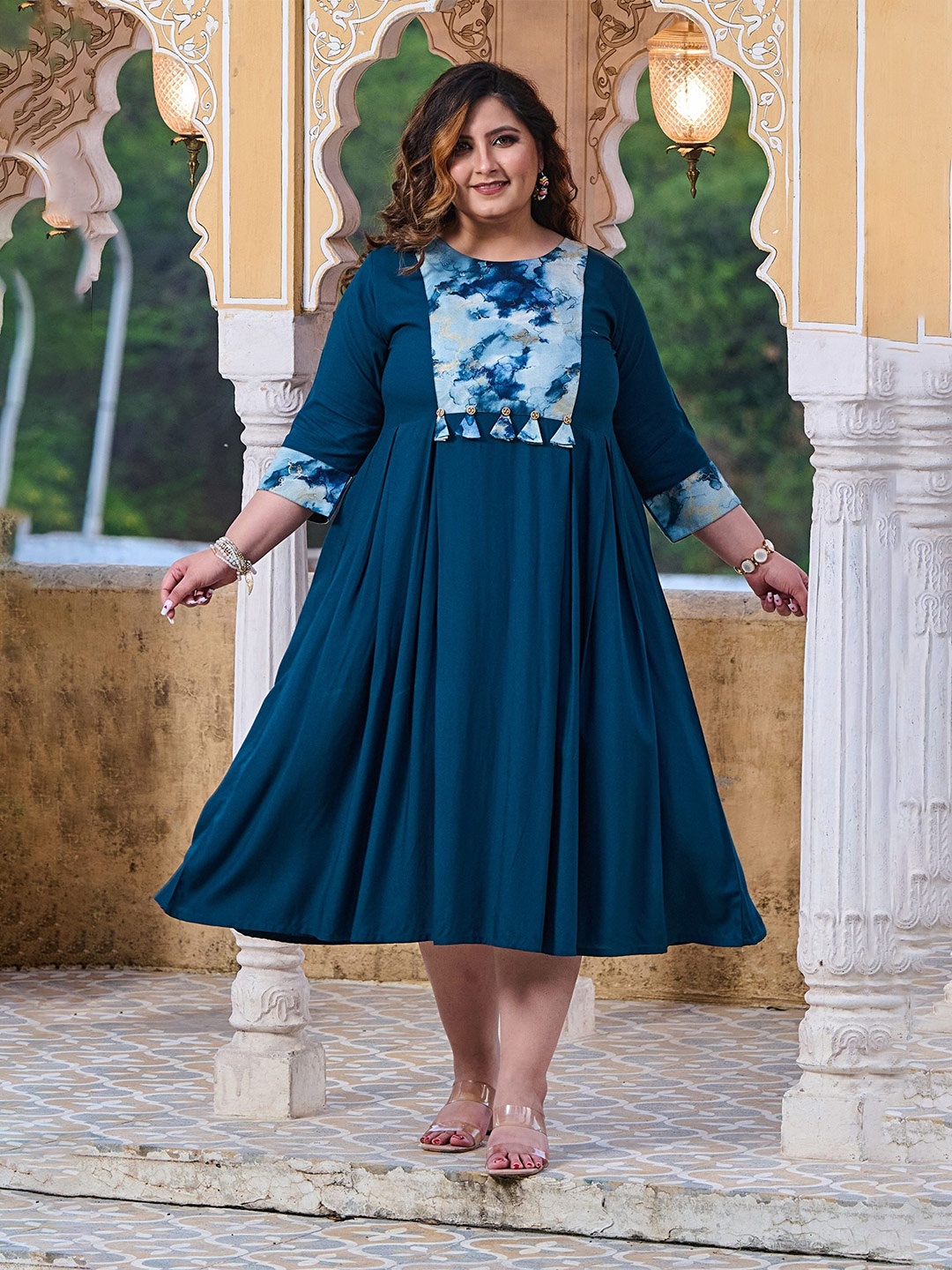 

PrettyPlus by Desinoor.com Plus Size Round Neck Three-Quarter Sleeves A-Line Midi Dress, Teal