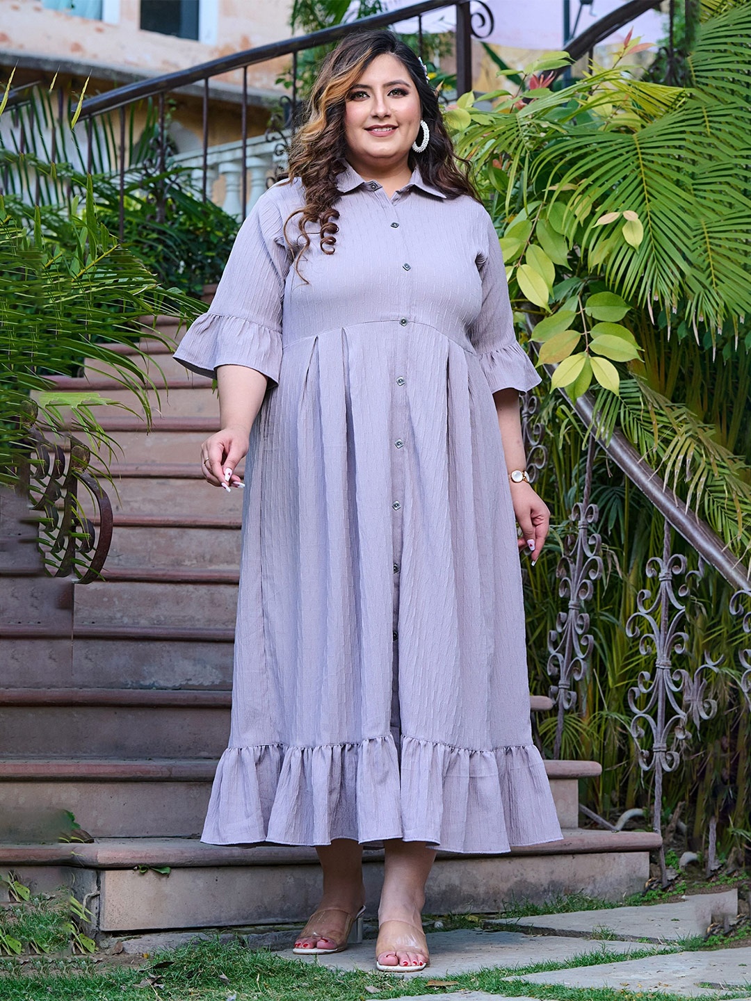 

PrettyPlus by Desinoor.com Plus Size Self Design Shirt Collar Midi Dress, Lavender