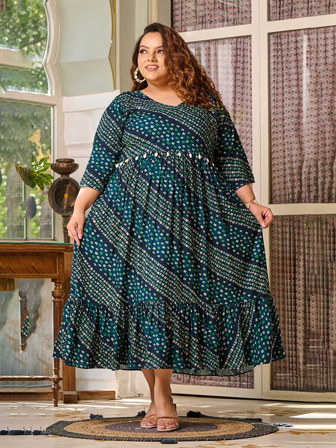 PrettyPlus by Desinoor.com Plus Size Bandhani Printed V-Neck Midi Dress, Teal