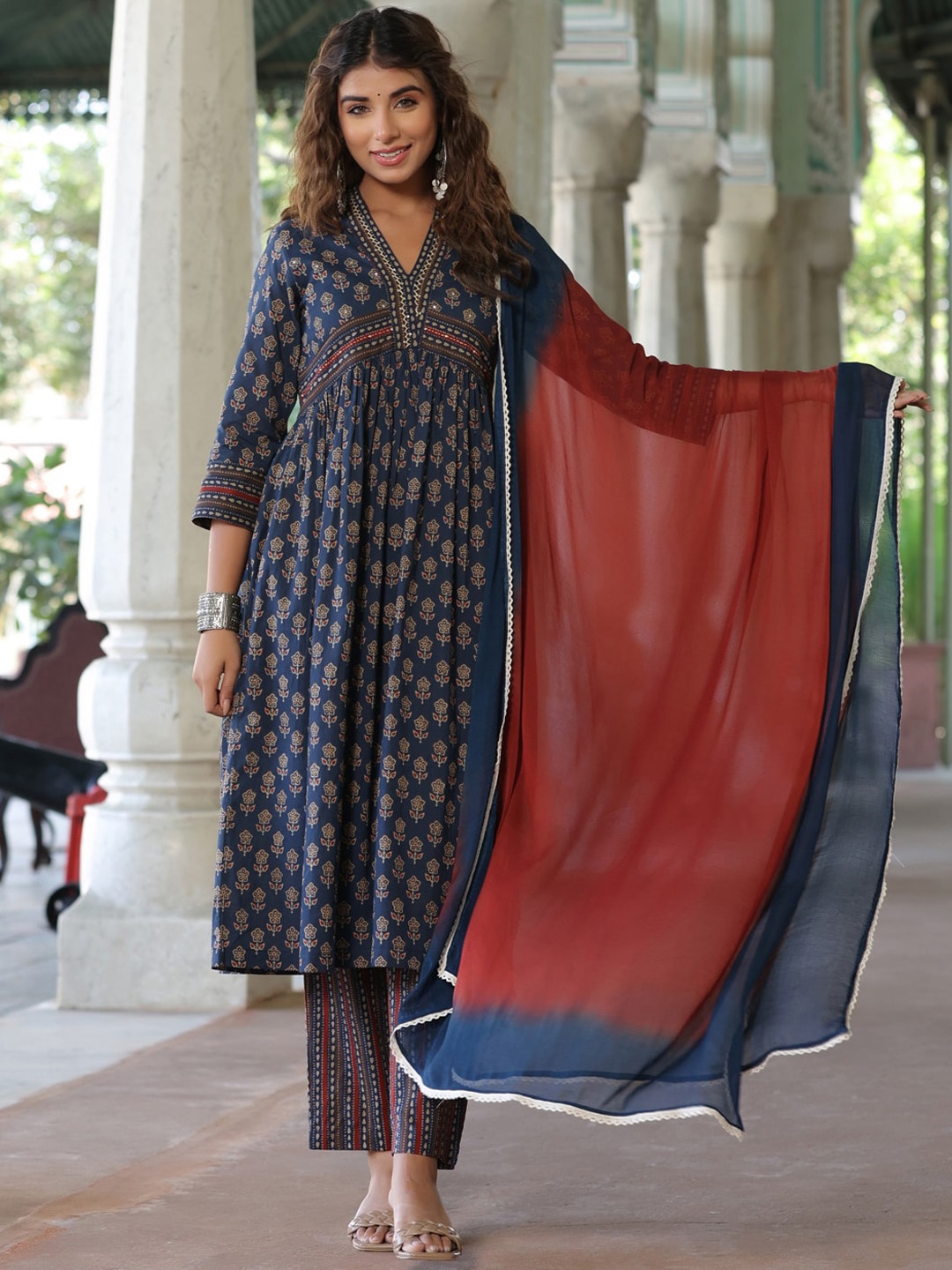

Rain & Rainbow Printed Empire Sequinned Pure Cotton Kurta with Trousers & Dupatta, Navy blue