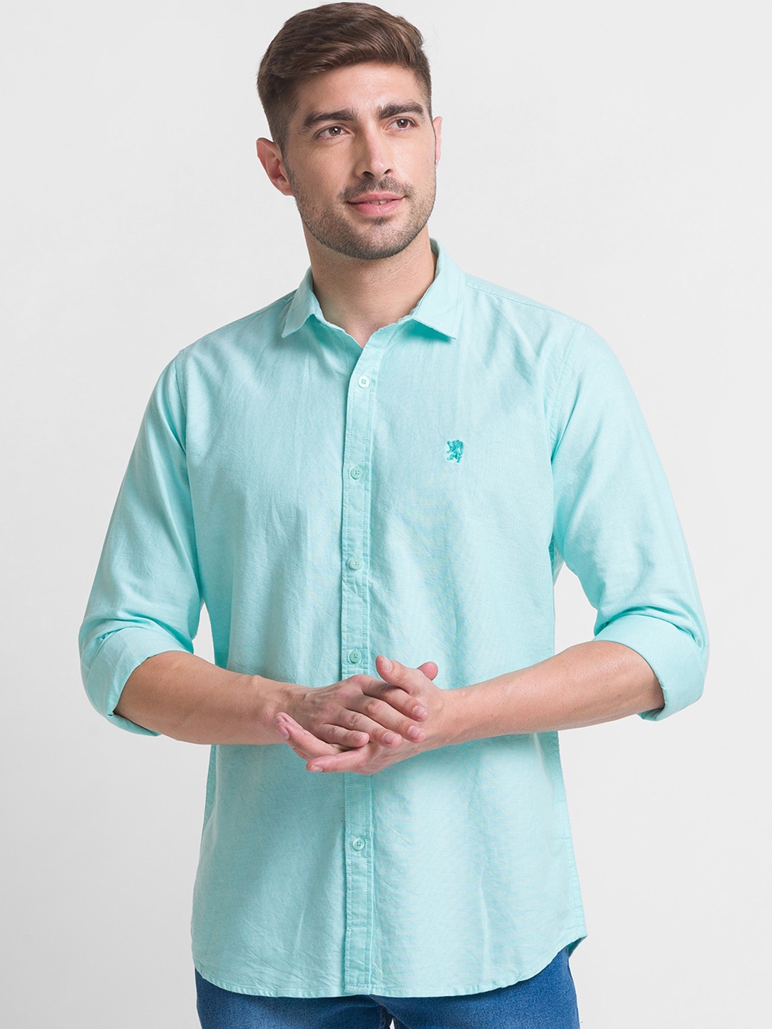 

GIORDANO Spread Collar Cotton Slim Fit Casual Shirt, Turquoise blue