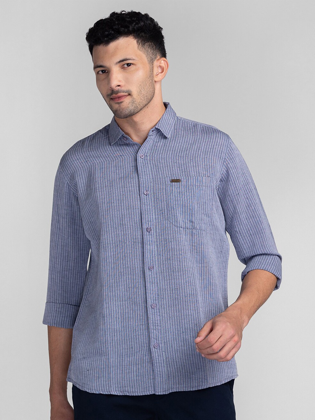 

GIORDANO Striped Spread Collar Cotton Slim Fit Casual Shirt, Purple