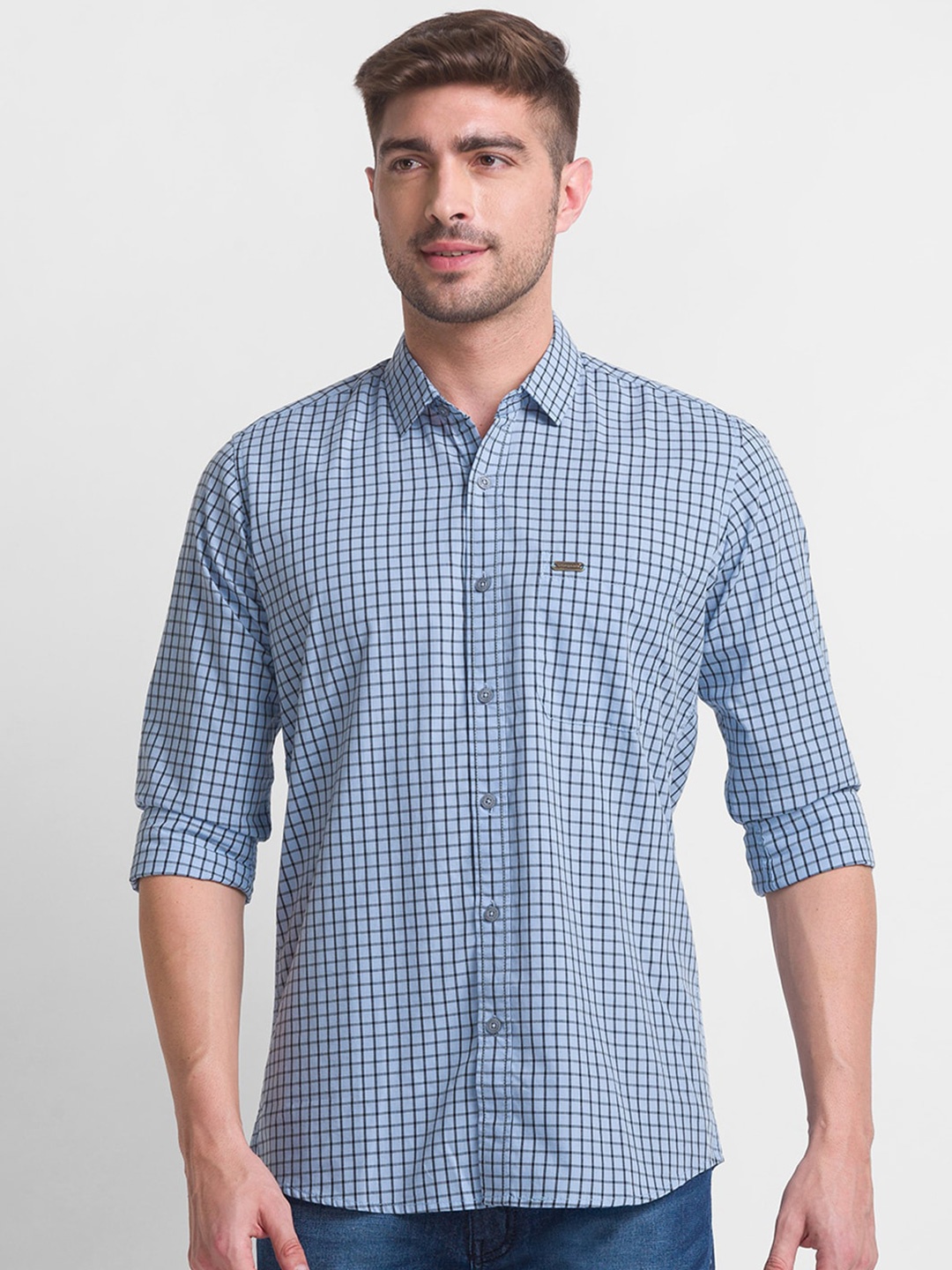 

GIORDANO Checked Spread Collar Cotton Slim Fit Casual Shirt, Blue