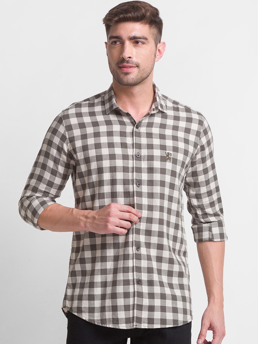 

GIORDANO Tartan Checks Checked Cotton Spread Collar Slim Fit Opaque Casual Shirt, Green