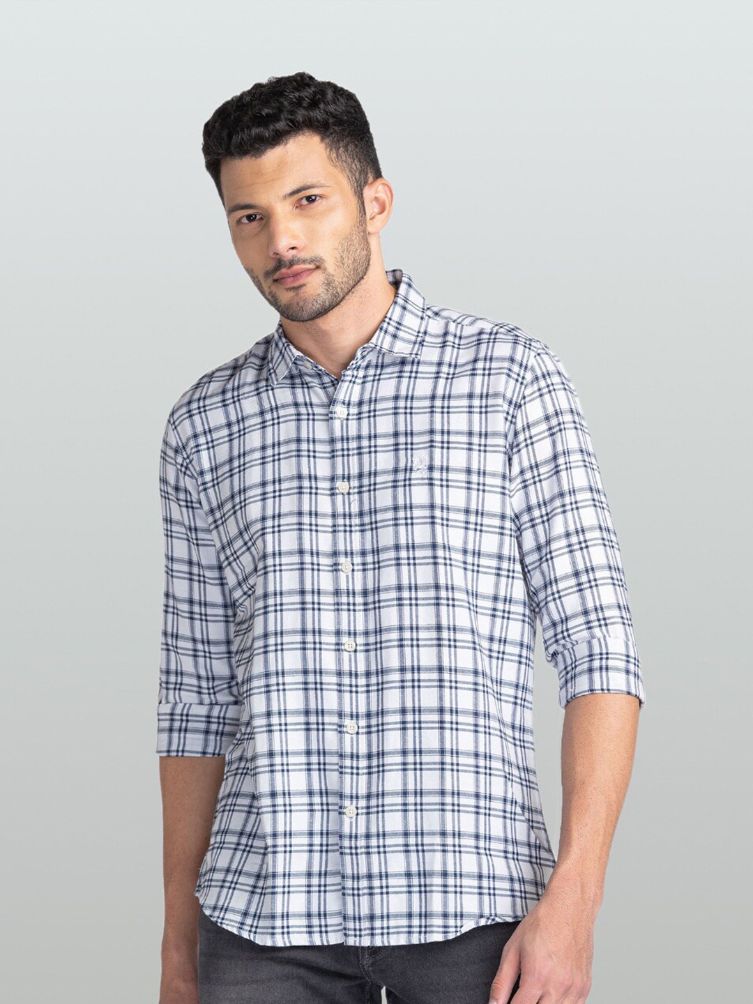 

GIORDANO Tartan Checks Checked Cotton Spread Collar Slim Fit Opaque Casual Shirt, White