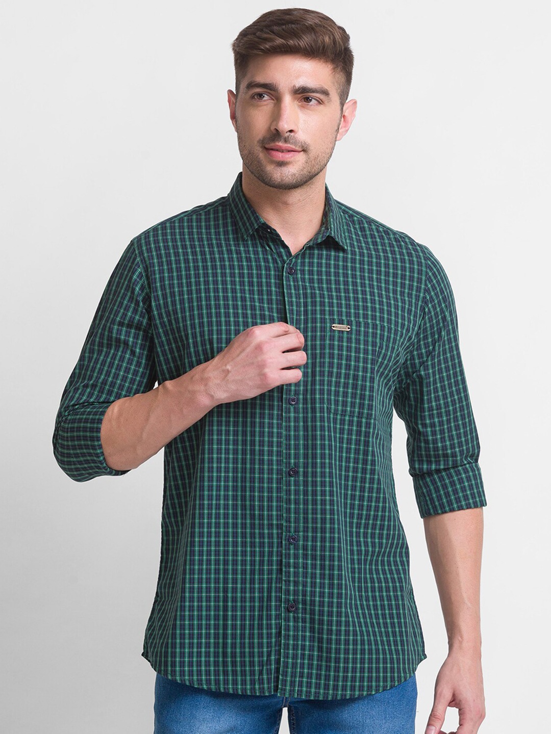 

GIORDANO Checked Spread Collar Cotton Slim Fit Casual Shirt, Green