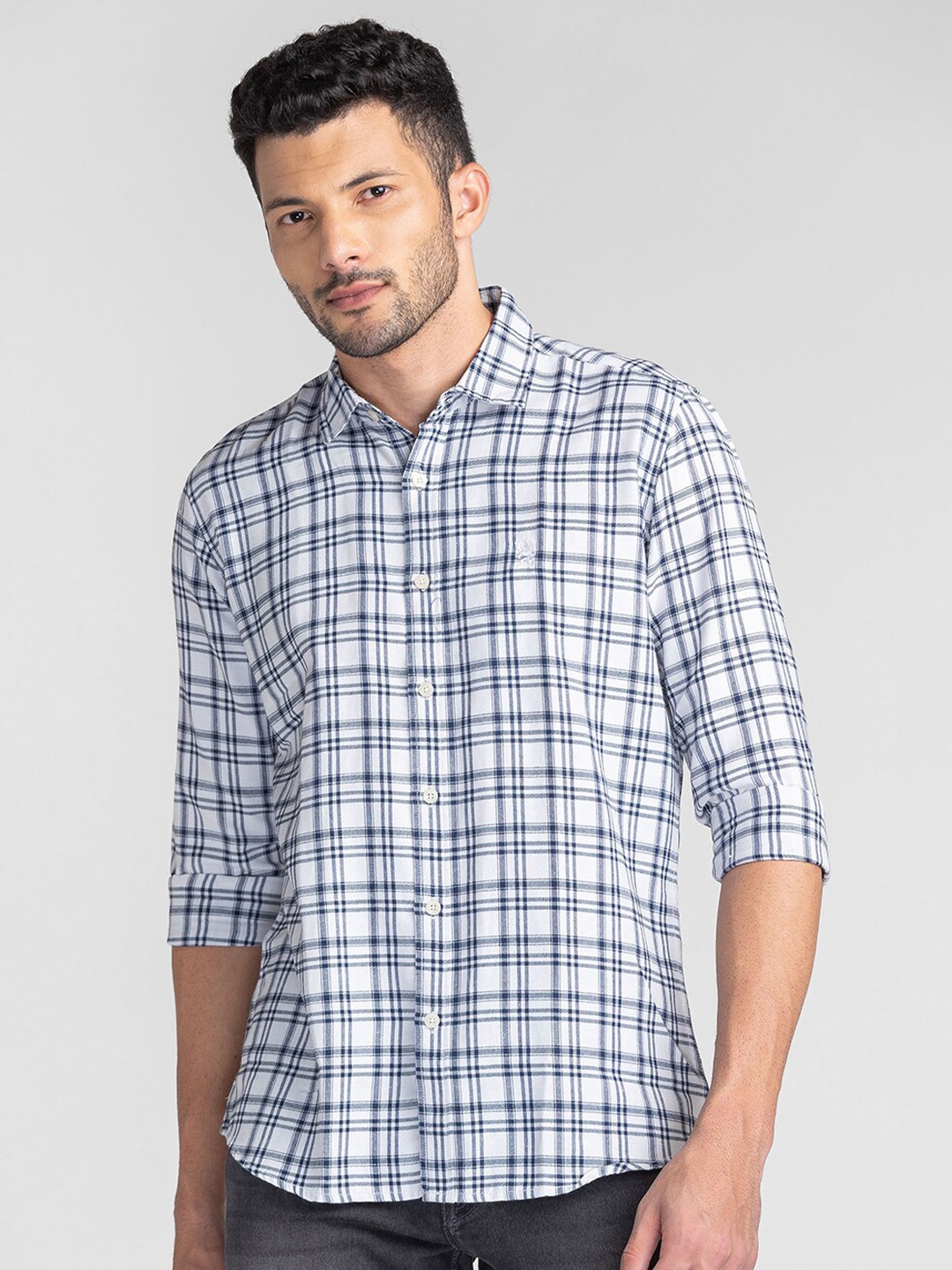 

GIORDANO Slim Fit Tartan Checks Spread Collar Long Regular Sleeves Cotton Casual Shirt, Navy blue