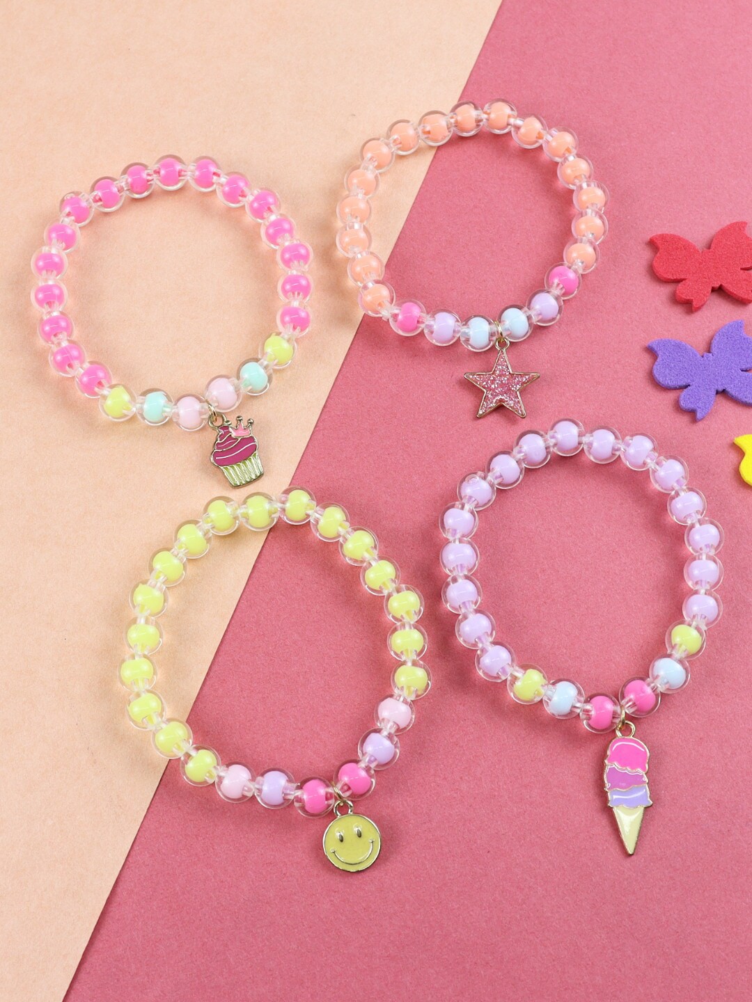 

Asthetika Kids Set Of 4 Girls Beaded Elasticated Bracelets, Pink