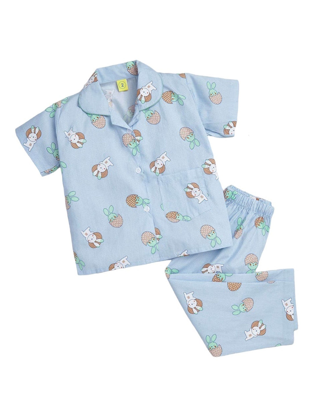 

The Magic Wand Kids Bunny Printed Lapel Collar Pure Cotton Night Suit, Blue