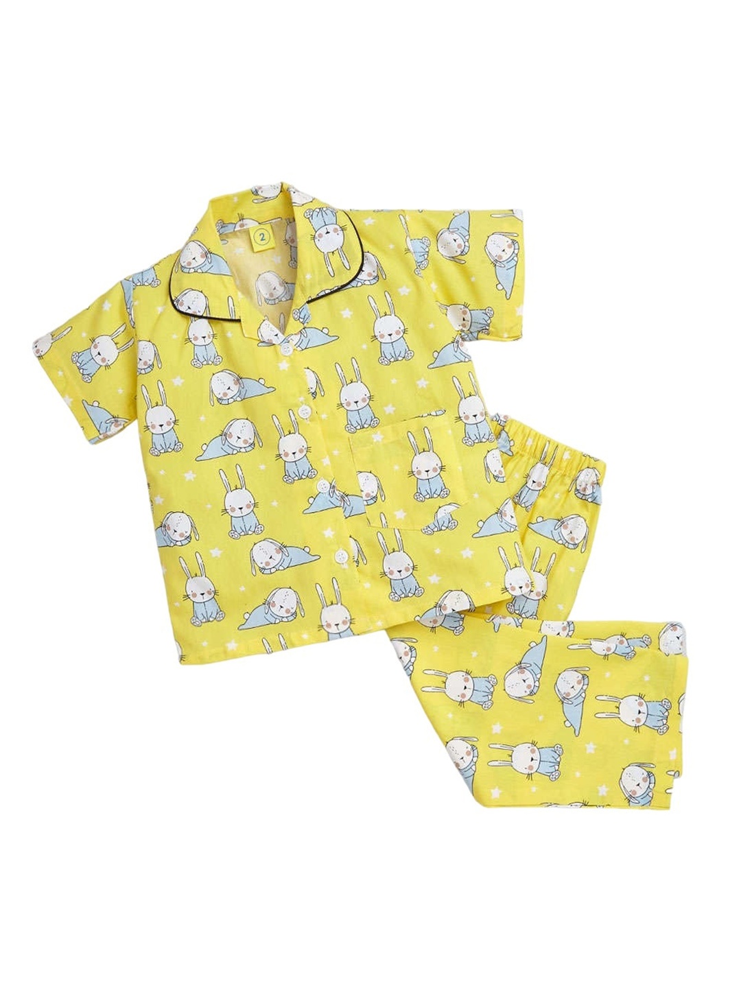 

The Magic Wand Kids Bunny Printed Lapel Collar Pure Cotton Night Suit, Yellow
