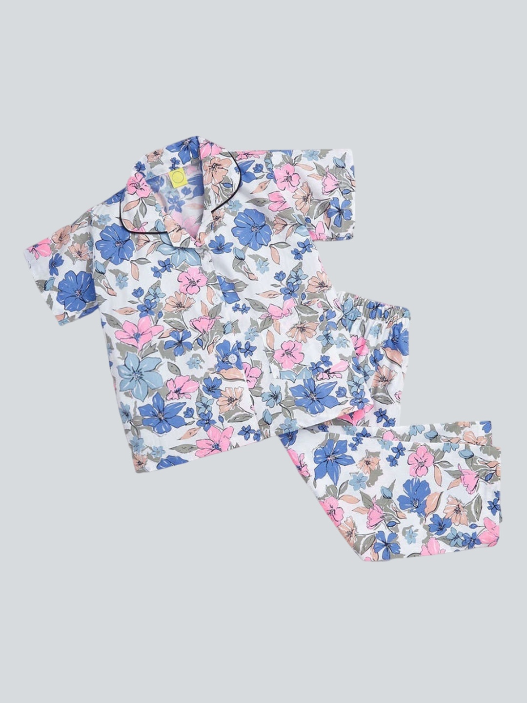 

The Magic Wand Girls Floral Printed Lapel Collar Pure Cotton Night Suit, Blue