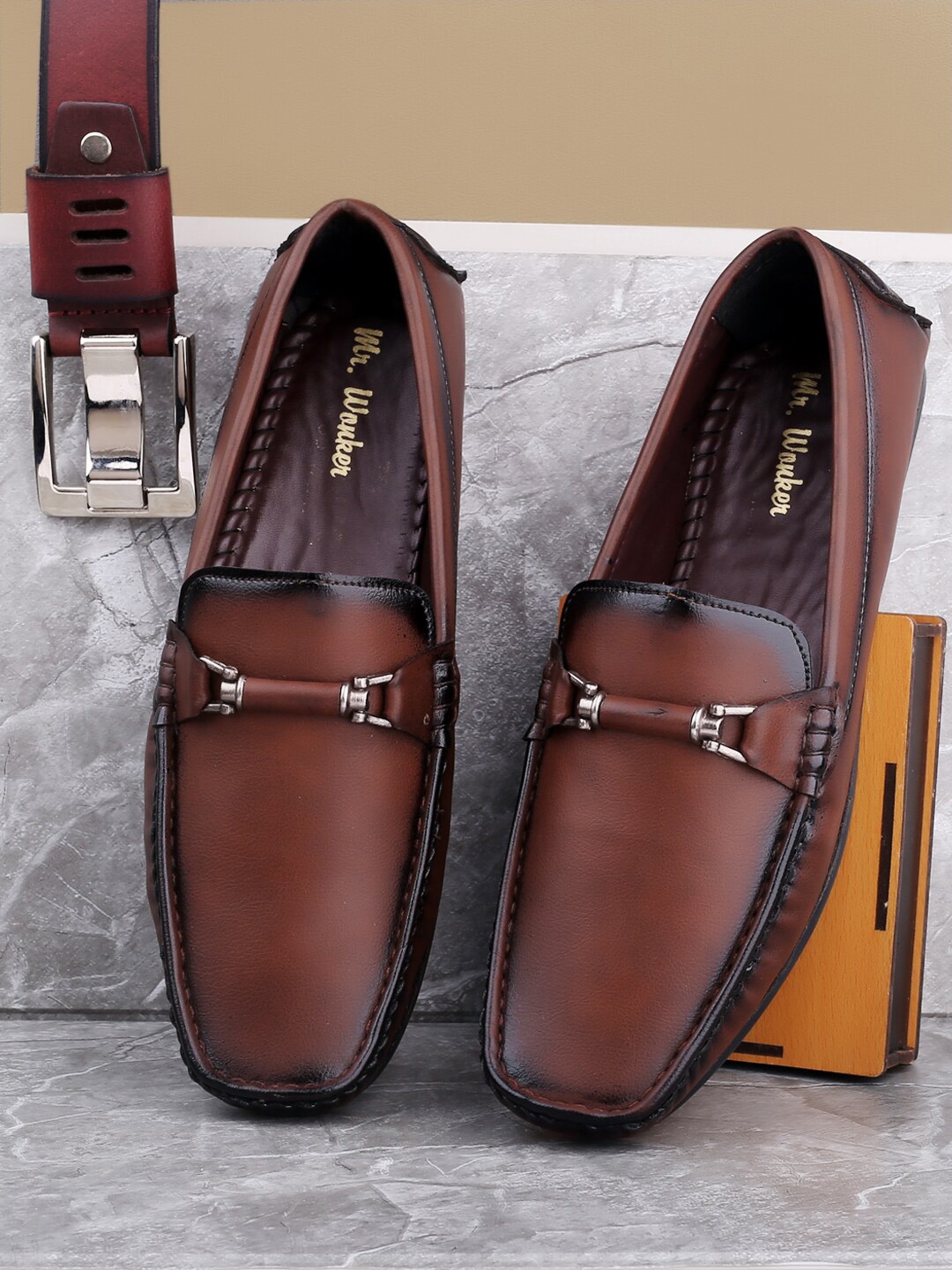 

mr.wonker Men Square Toe Horsebit Loafers With Waterproof Lining, Brown