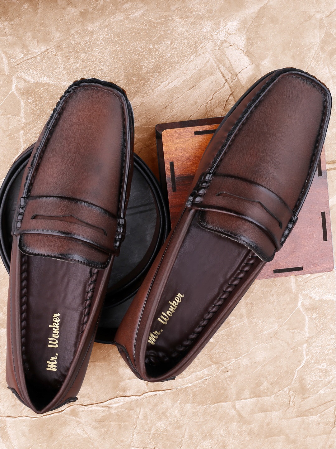 

mr.wonker Men Textured Waterproof Lining Comfort Insole Penny Loafers, Brown