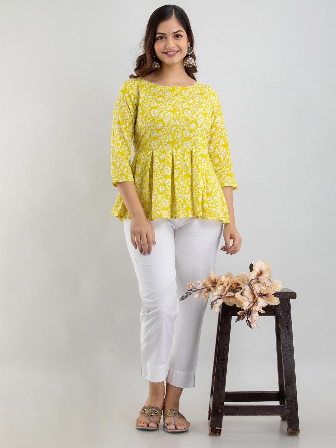 

BAIRAJ Floral Print Pure Cotton Round Neck Three-Quarter Sleeves Opaque A-Line Casual Top, Yellow