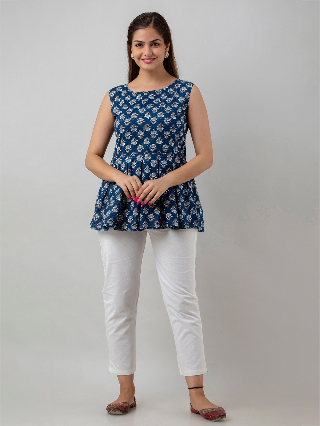 

BAIRAJ Geometric Print Round Neck Sleeveless Cotton Peplum Top, Blue