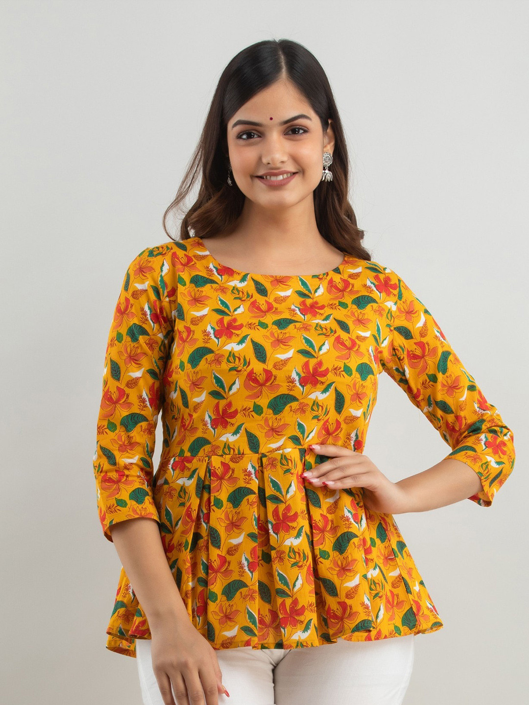 

BAIRAJ Floral Print Pure Cotton Round Neck Three-Quarter Sleeves Opaque Peplum Casual Top, Yellow