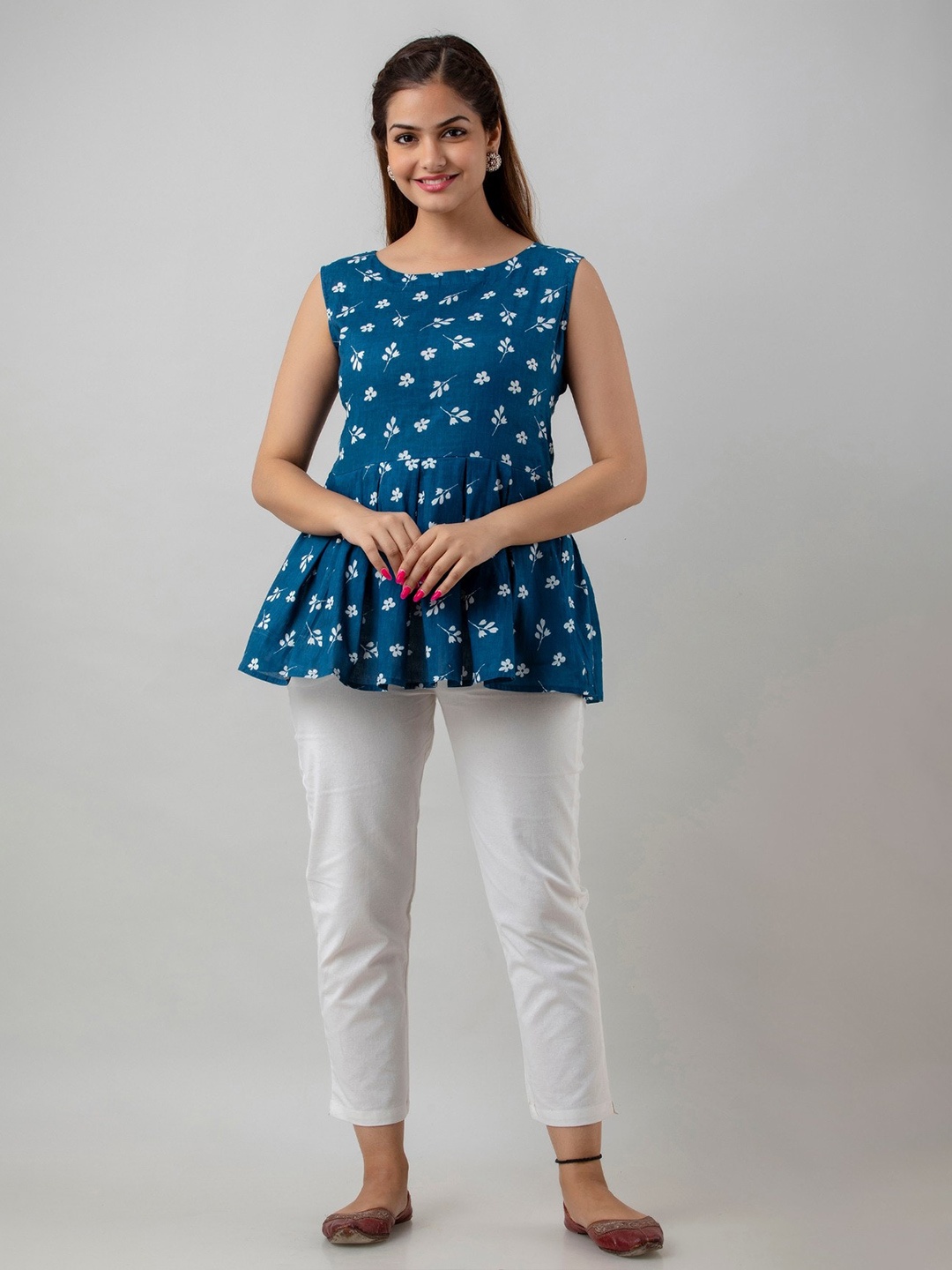 

BAIRAJ Print Ethnic Round Neck Sleeveless Cotton Peplum Top, Blue