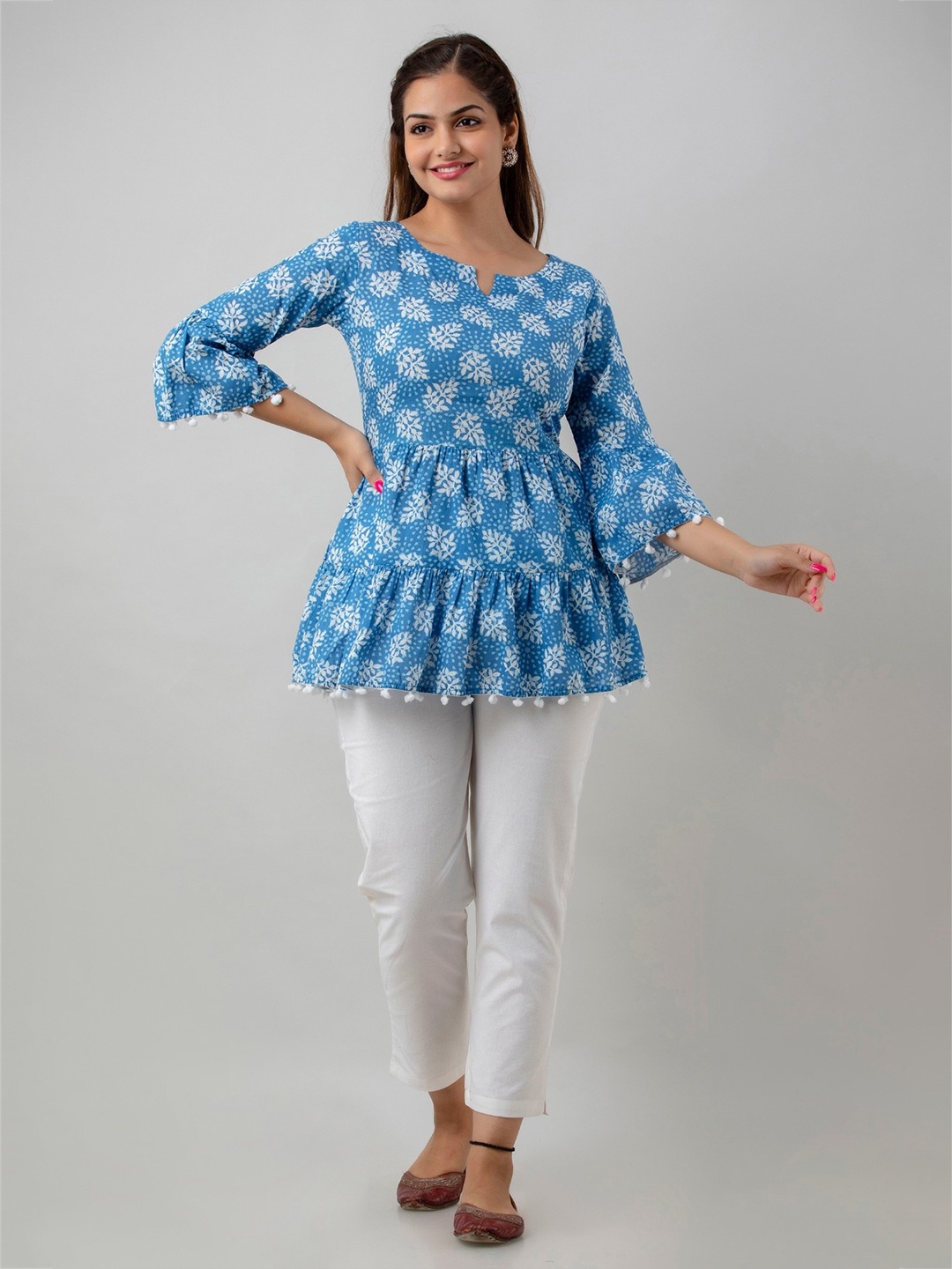 

BAIRAJ Floral Printed Bell Sleeve Round Neck Cotton Peplum Top, Blue