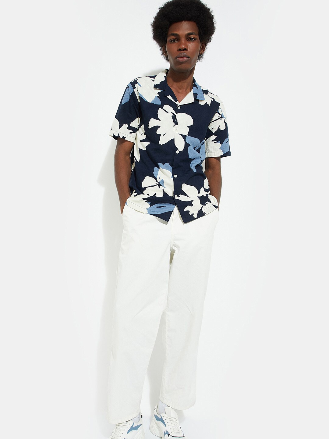 

max URB_N Floral Printed Cuban Collar Cotton Shirt, Blue