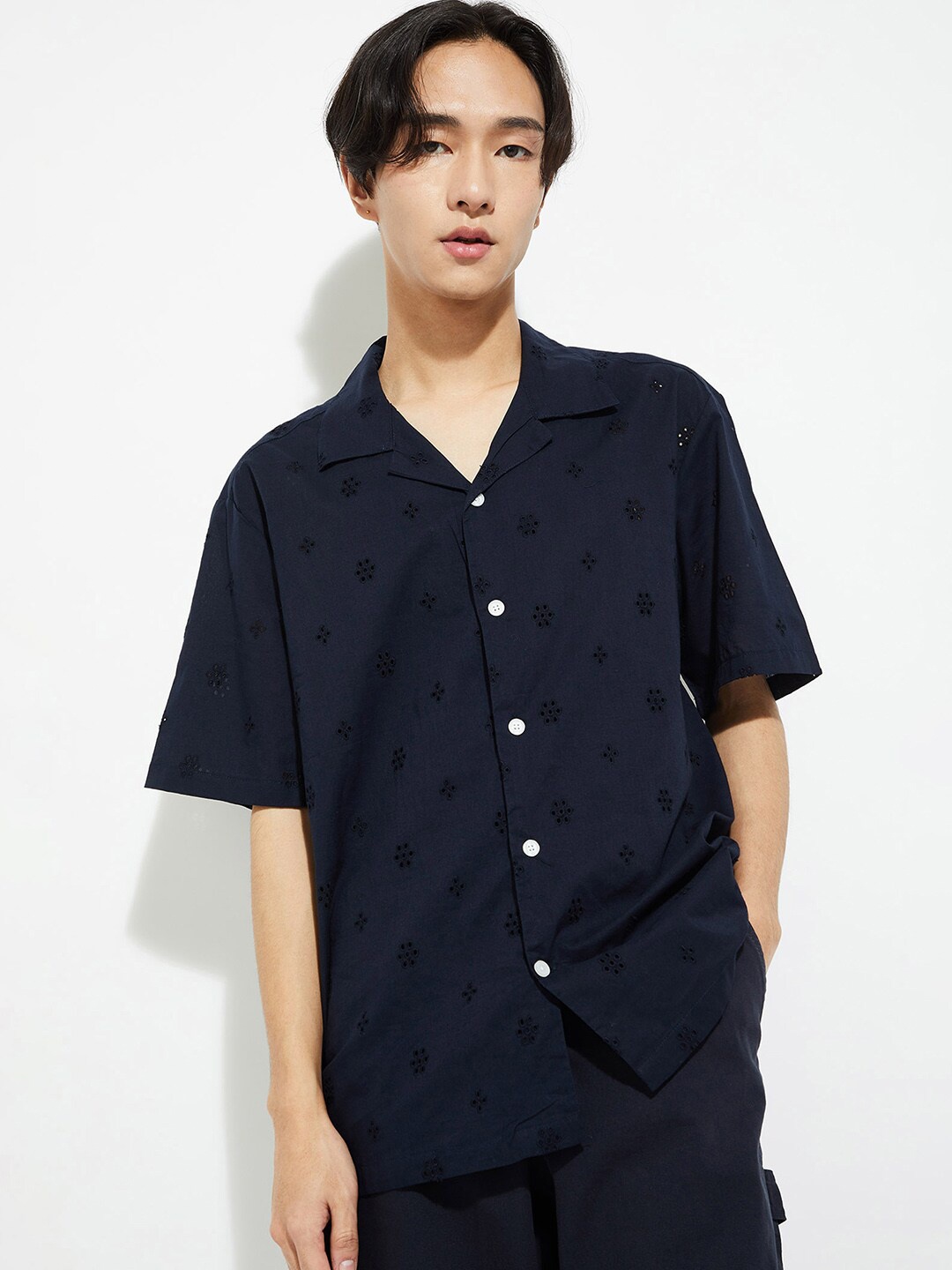 

max URB_N Men Printed Spread Collar Short Sleeves Cotton Casual Shirt, Navy blue
