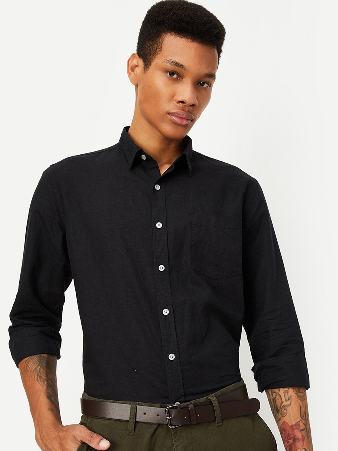 

max Men Spread Collar Long Sleeves Cotton Casual Shirt, Black