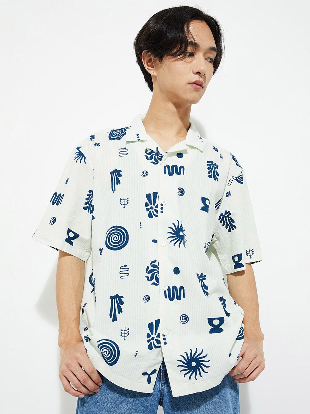 

max URB_N Conversational Printed Cuban Collar Cotton Shirt, Off white