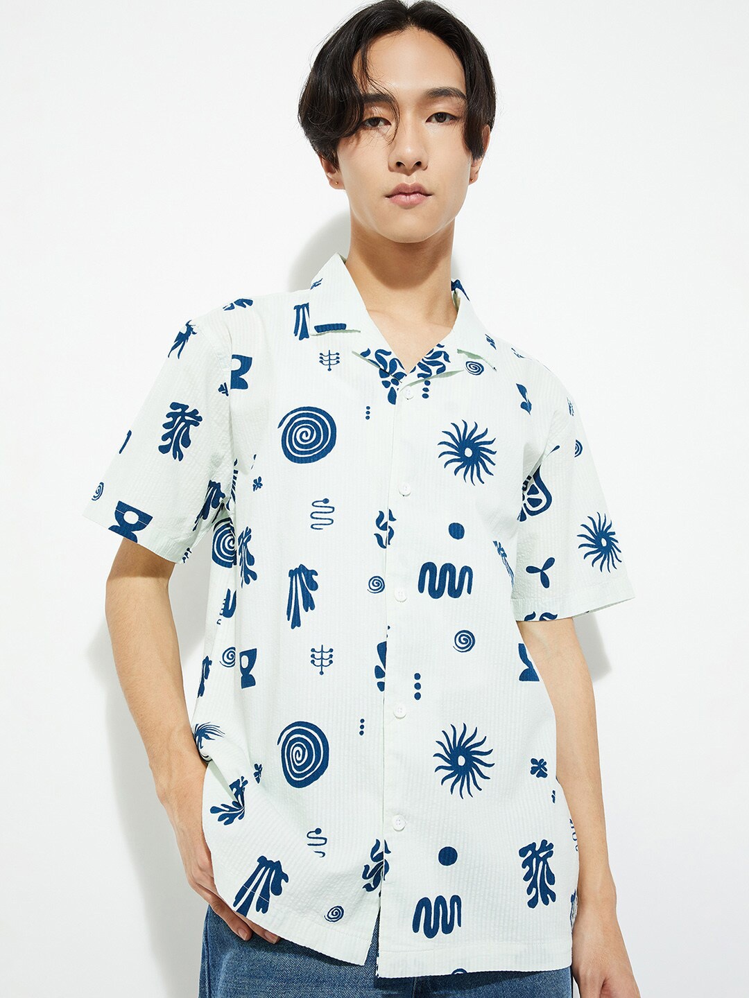 

max URB_N Men Printed Spread Collar Short Sleeves Cotton Casual Shirt, Off white
