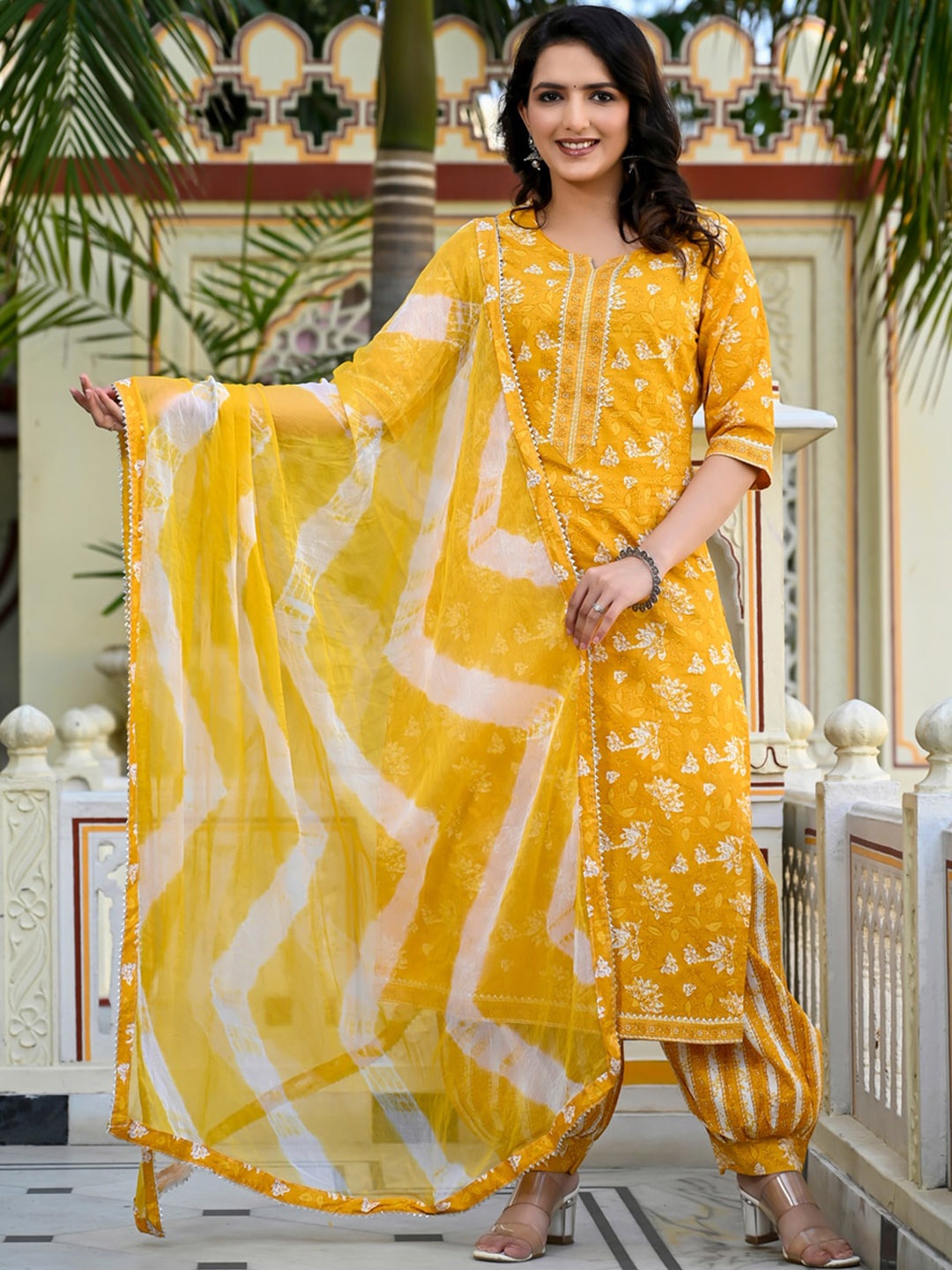 

D K W Floral Printed Pure Cotton Kurta with Salwar & Dupatta, Yellow