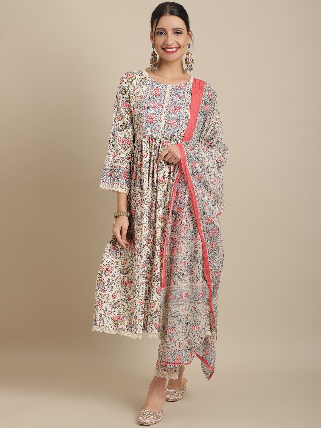 

KALINI Floral Printed Kurta With Trousers & Dupatta, White