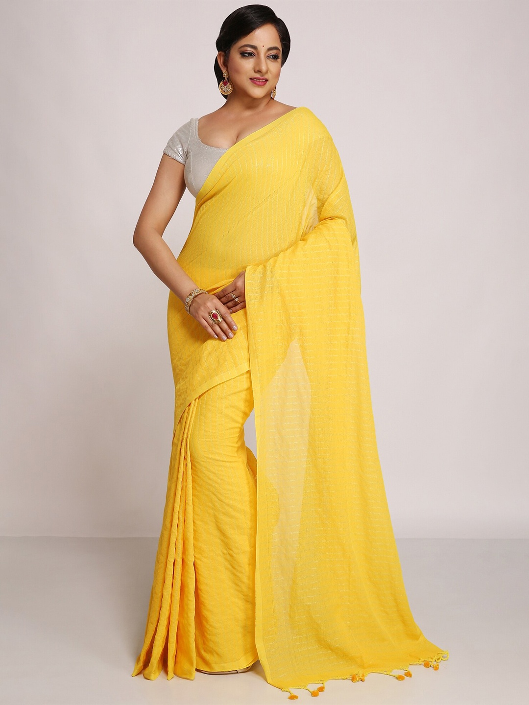 

WoodenTant Striped Zari Khadi Saree, Yellow