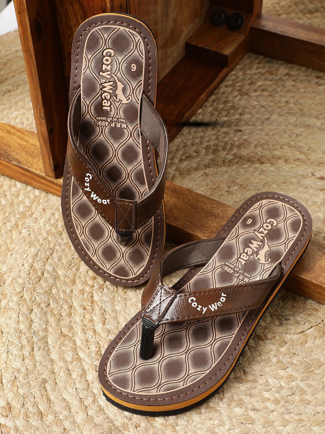 

Cozy Wear Men Printed Thong Flip-Flops, Brown