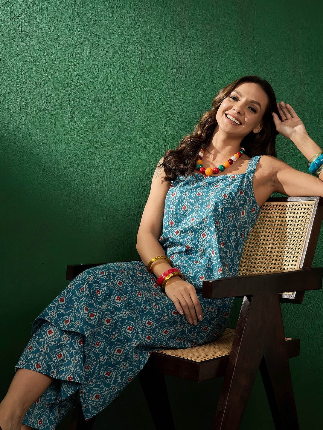 

Sangria Ajrakh Printed Sleeveless Pure Cotton Kurta & Trousers, Blue