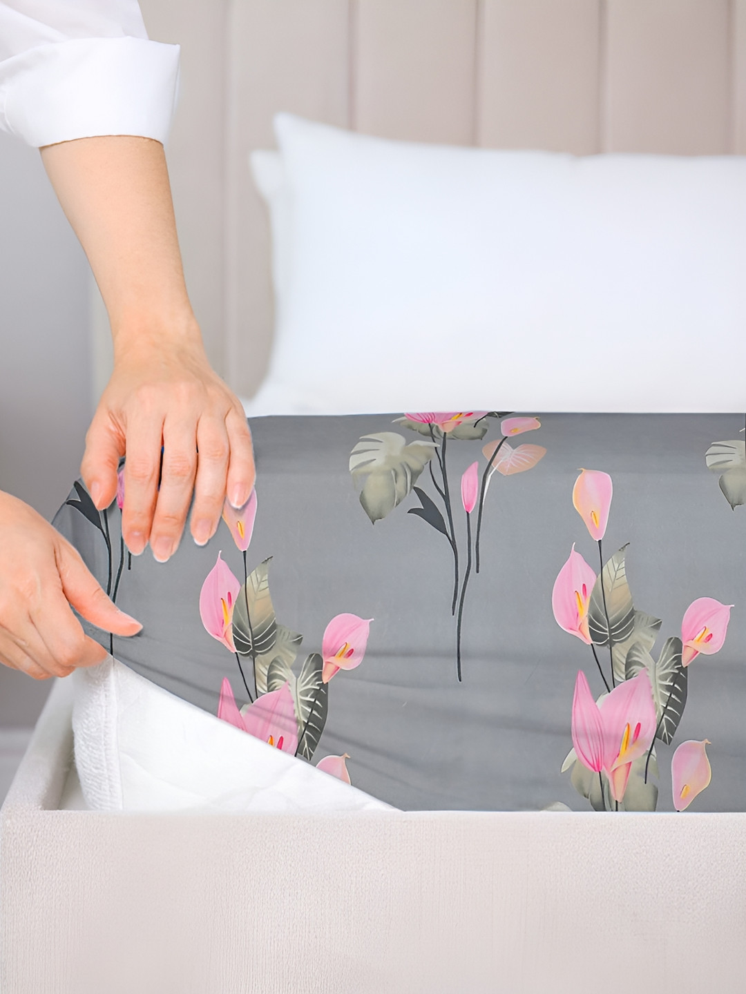 

bsb home Grey Floral Printed Microfiber 180 TC Queen Fitted Bedsheet with 2 Pillow Covers